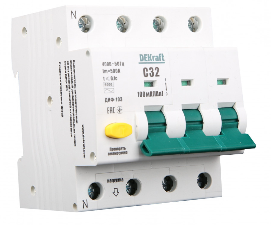 Дифференциальный автомат  3П+N  10А  30мА  DEKraft  тип AC  характеристика С  АВДТ  ДИФ-103  6кА